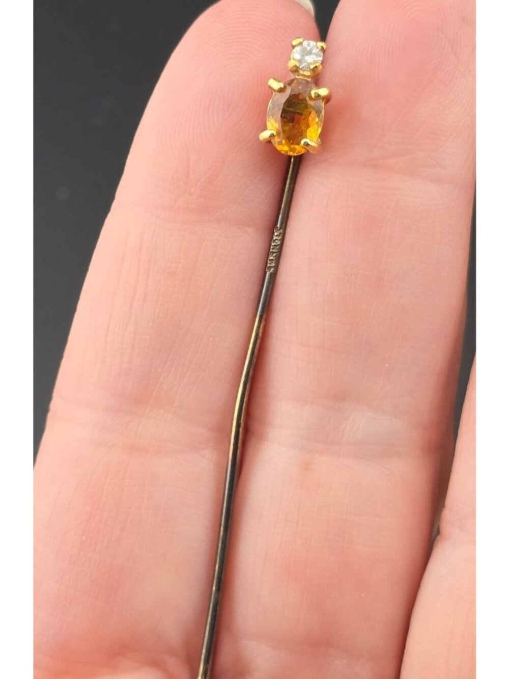 Vintage Sterling Silver Stick Pin With Citrine And Rhinestone 2.25" - Picture 3 of 8